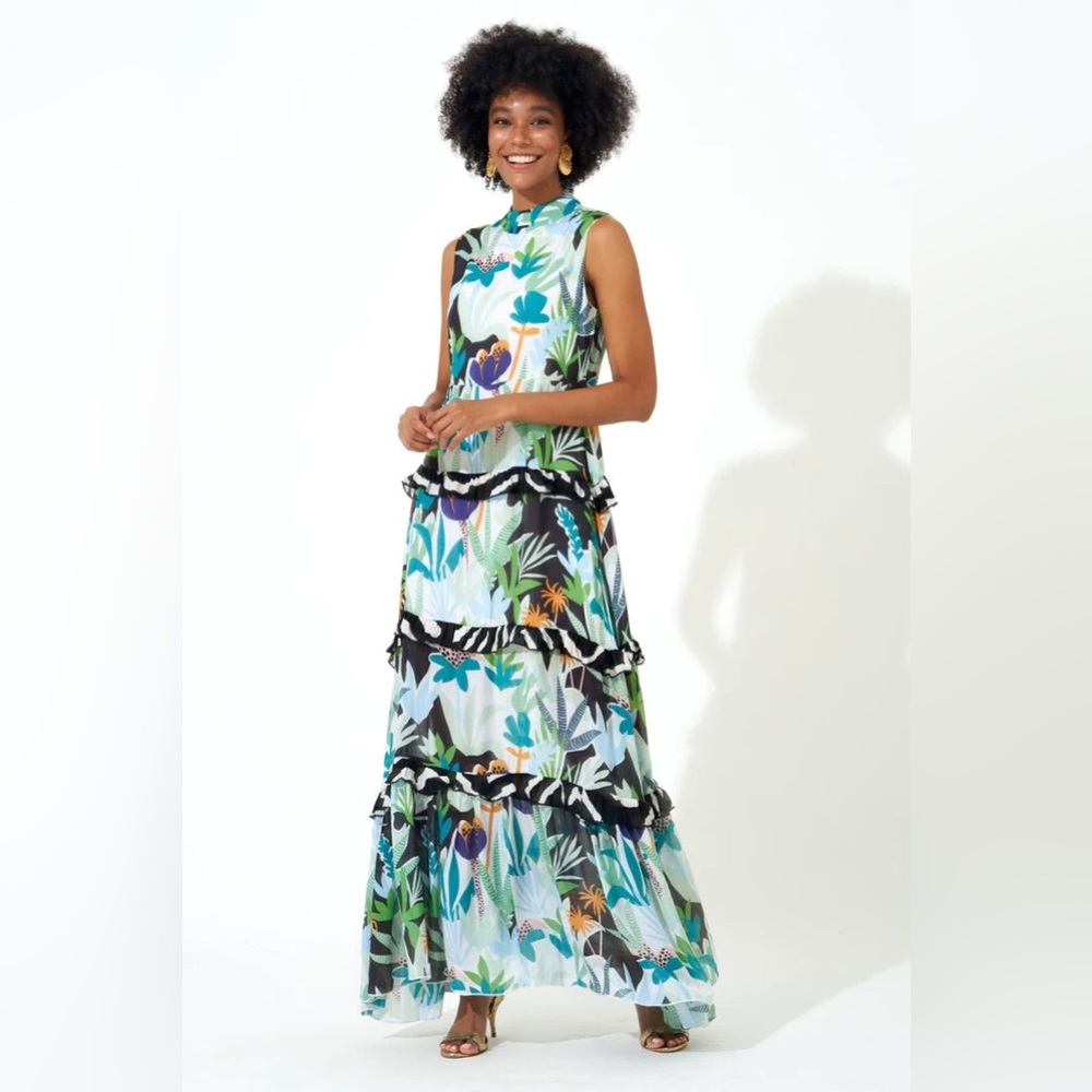 oliphant designs dress tropical print green orange black 20% silk 80% cotton XXS